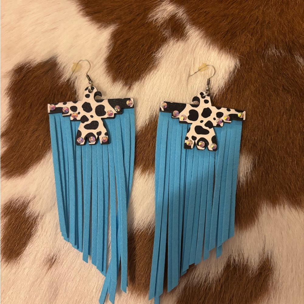 Buckle Cow Print Earrings with Blue Fringe